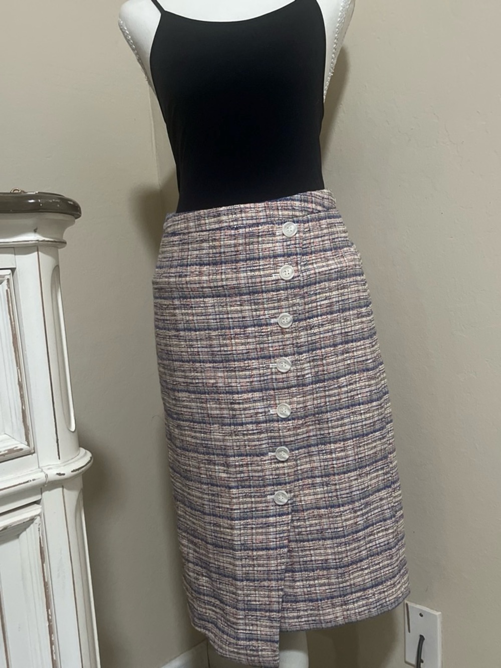 Halogen Tweed Button-Front Pencil Skirt in Neutral & Navy